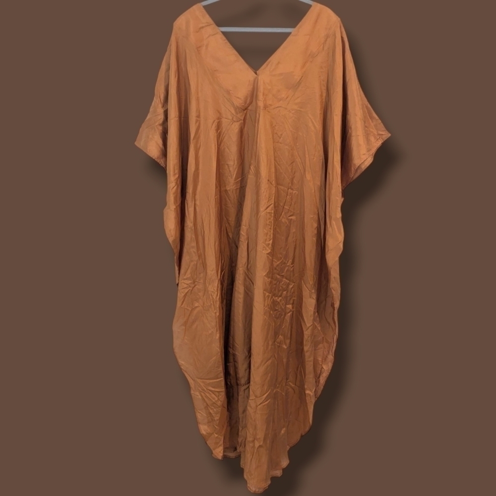 Fanm Djanm Burnt Orange 100% Silk V-Neck Lightweight Kaftan Dress Resortwear